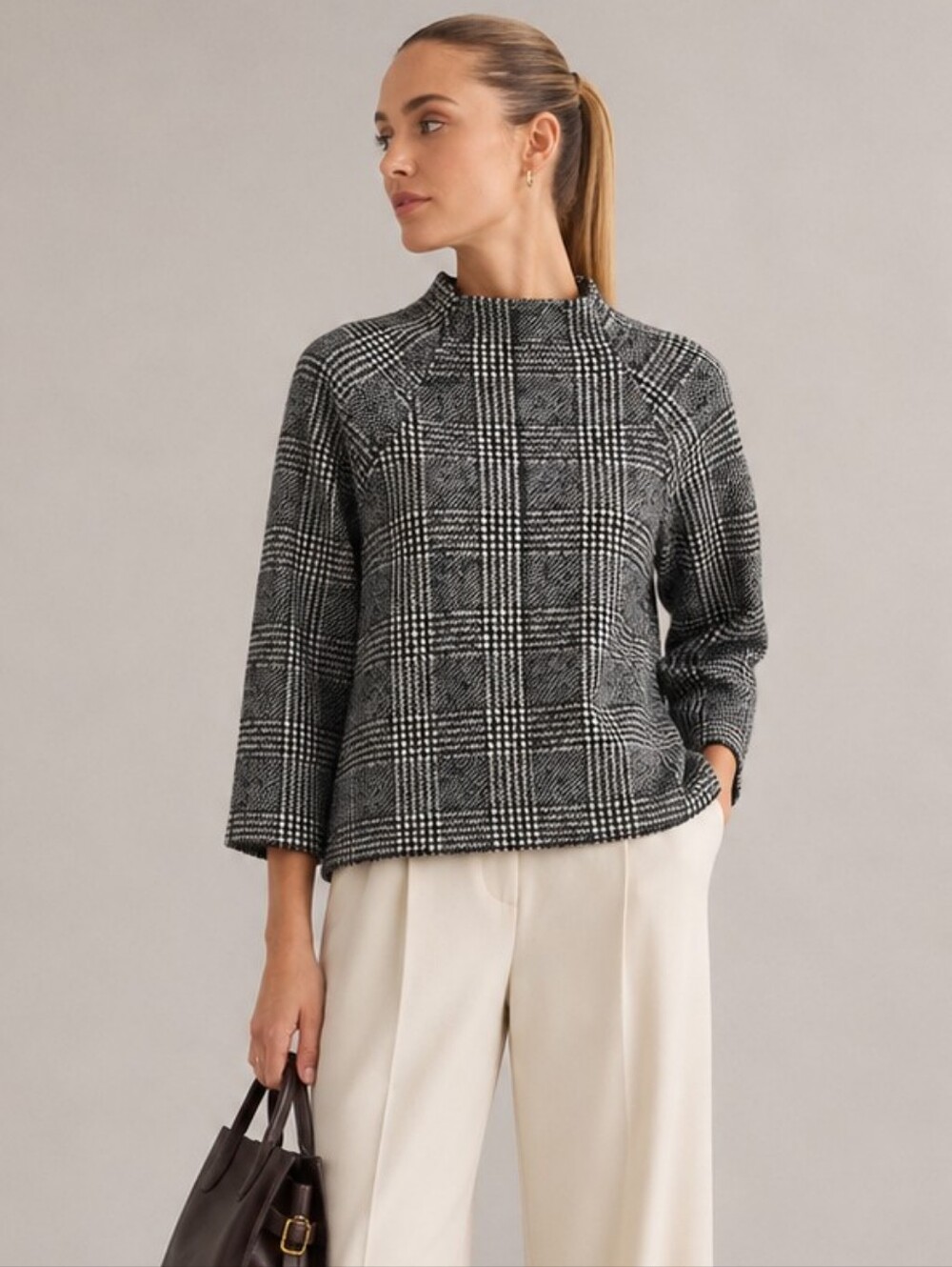 Zara Plaid Mock Neck Grey Wool Top Quiet Luxury Minimalist Old Money